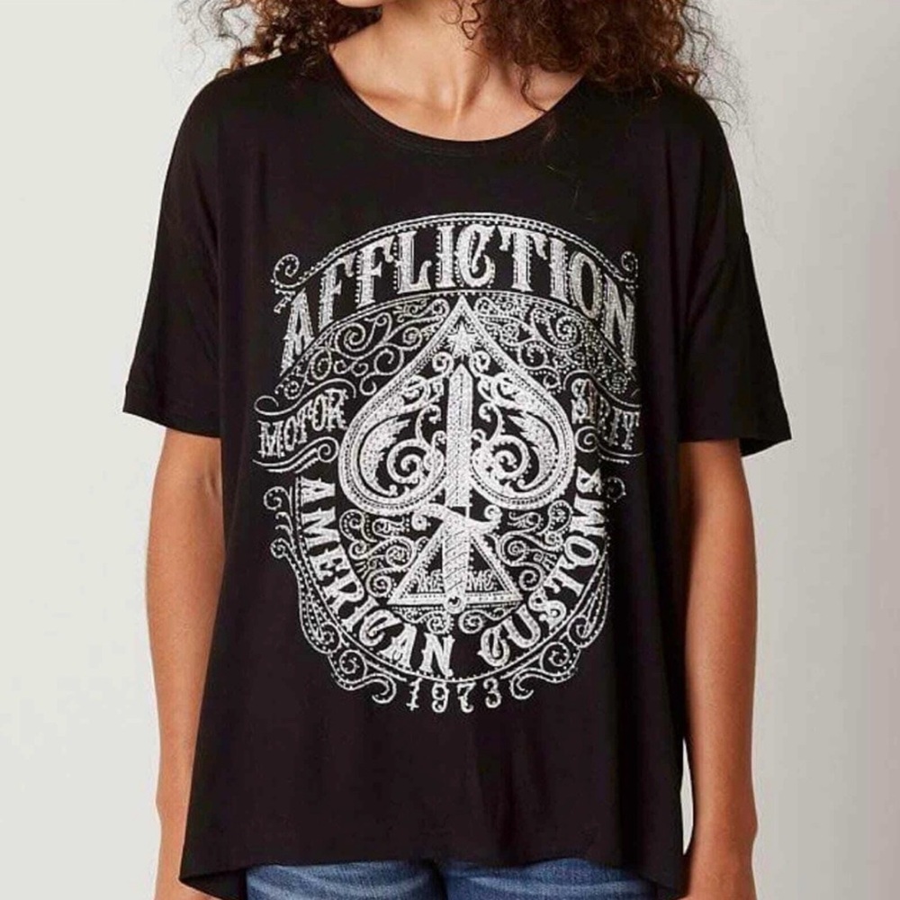 Women's Affliction Death Spade Rhinestone Thrashed Back Bling Tee Oversized S - Picture 1 of 7